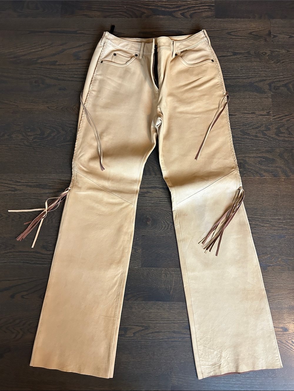 Harley-Davidson Tan Leather Flare Jeans with Fringe